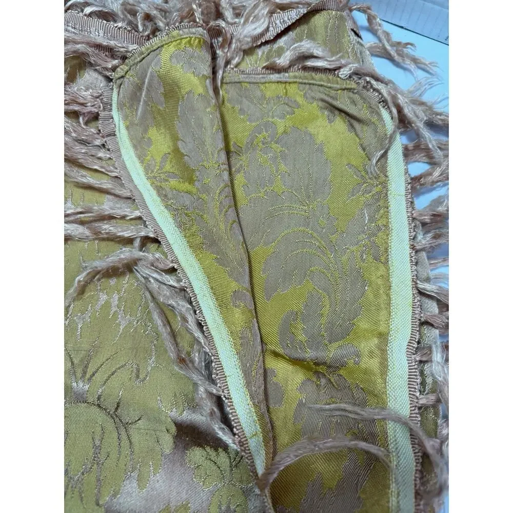 Antique Brocade Fringed Floral Piano Scarf Shawl Silk Tapestry Pink Yellow VTG_8